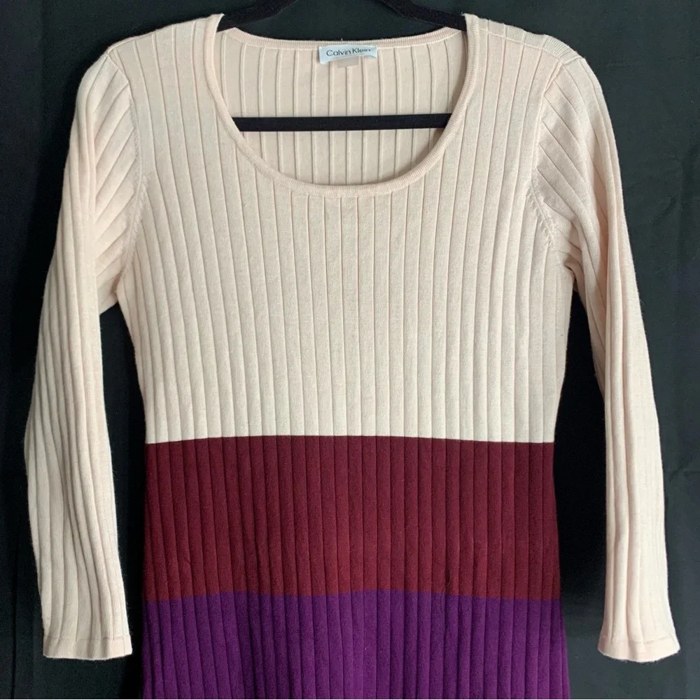 Calvin Klein Colorblock Ribbed Knit Midi Sweater Dress Cream Purple, size M - Picture 4 of 10